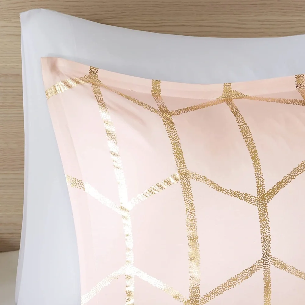 Raina 5 Piece Metallic Printed Duvet Cover Set, Queen, Blush/Gold NWT